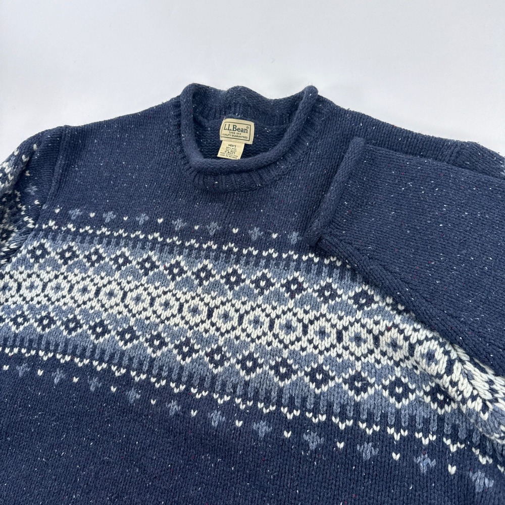Vintage LL Bean Sweater Mens XL Fair Isle Roll Neck Wool Navy Donegal Knit